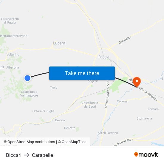 Biccari to Carapelle map