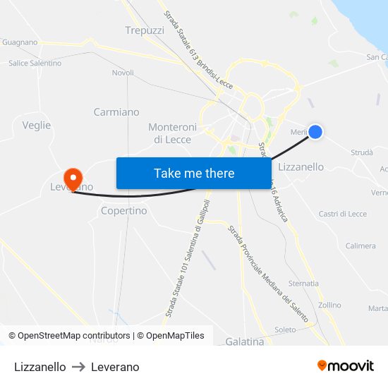 Lizzanello to Leverano map