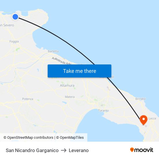 San Nicandro Garganico to Leverano map