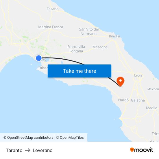 Taranto to Leverano map