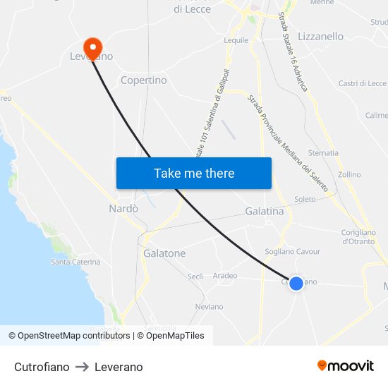 Cutrofiano to Leverano map