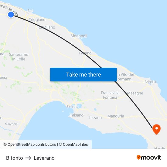Bitonto to Leverano map