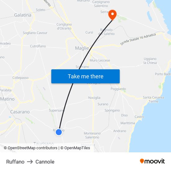 Ruffano to Cannole map