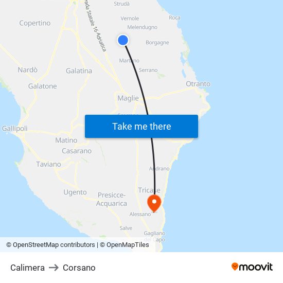 Calimera to Corsano map