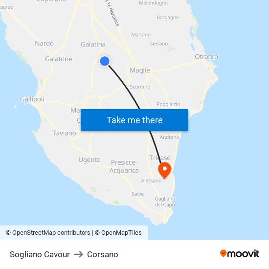 Sogliano Cavour to Corsano map