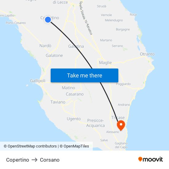 Copertino to Corsano map