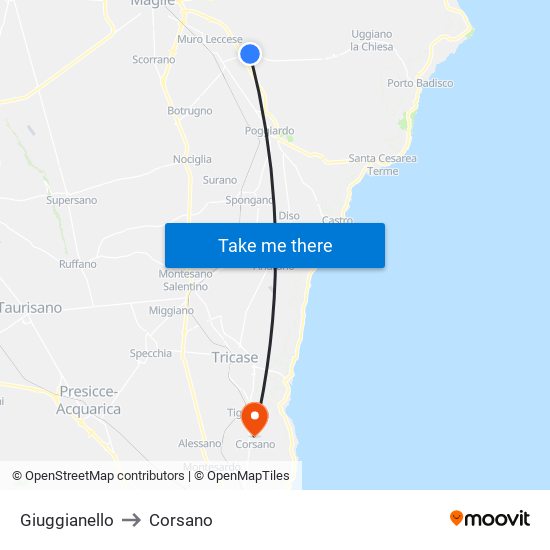 Giuggianello to Corsano map