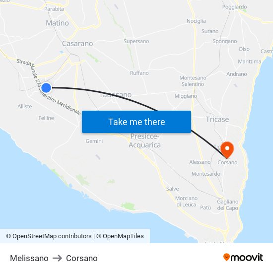 Melissano to Corsano map