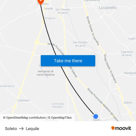 Soleto to Lequile map
