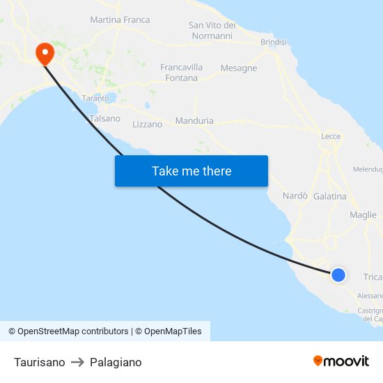Taurisano to Palagiano map