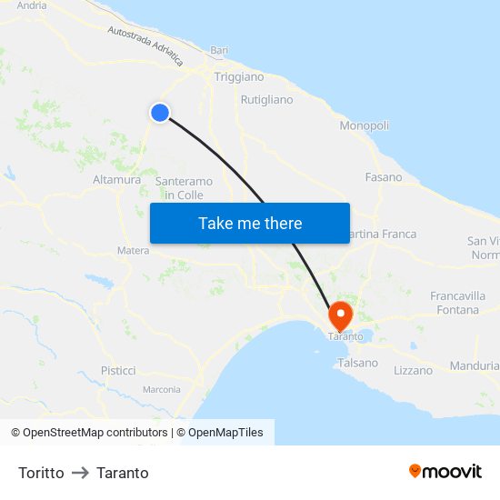 Toritto to Taranto map