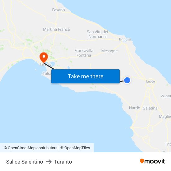 Salice Salentino to Taranto map