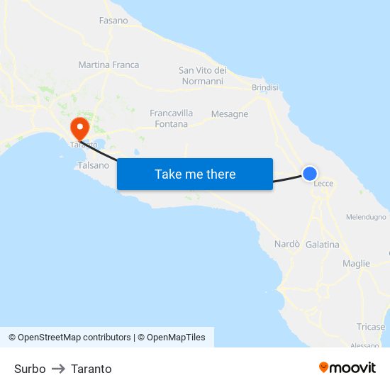 Surbo to Taranto map