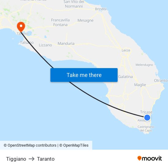 Tiggiano to Taranto map