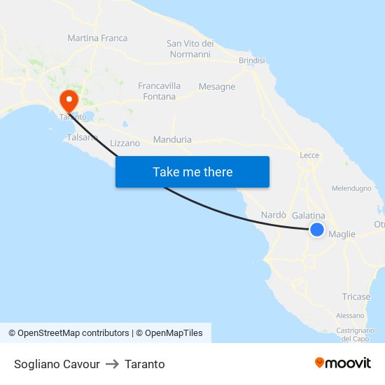 Sogliano Cavour to Taranto map