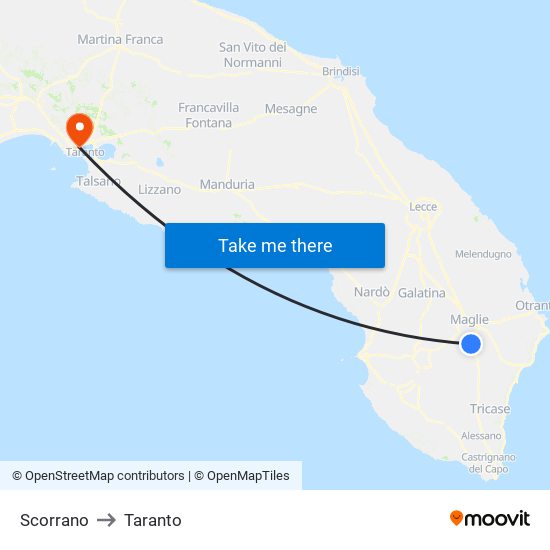 Scorrano to Taranto map