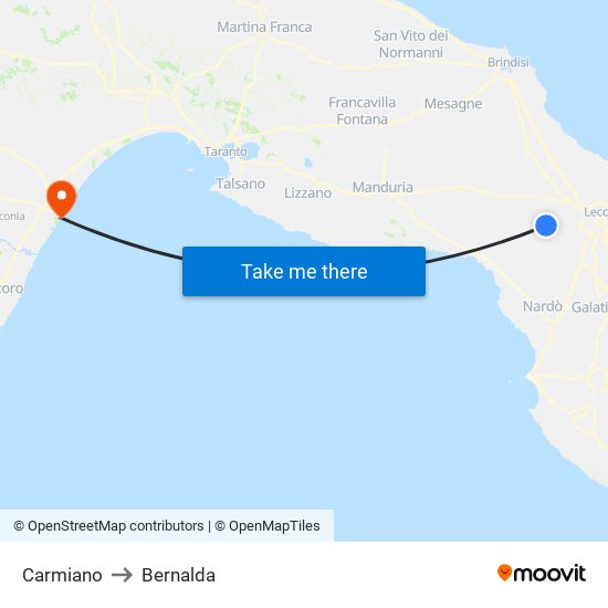 Carmiano to Bernalda map