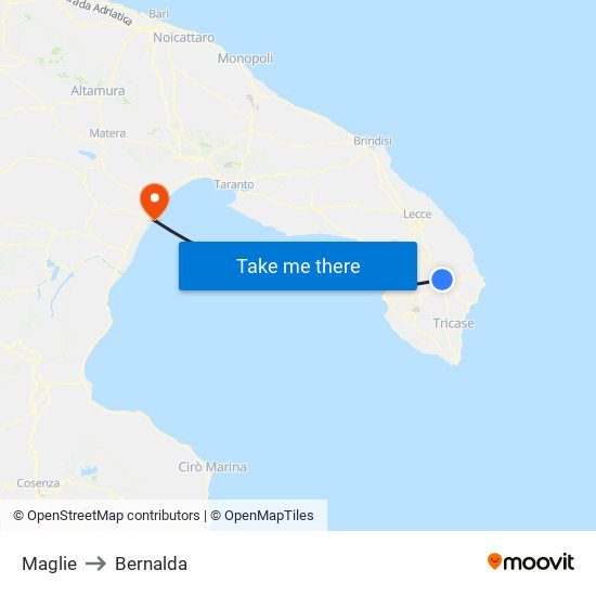 Maglie to Bernalda map