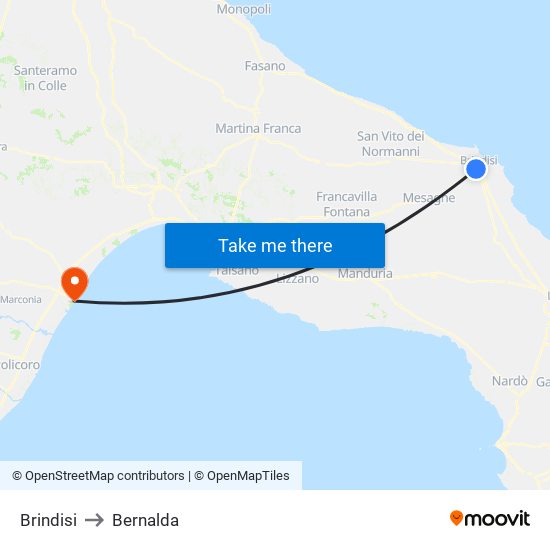 Brindisi to Bernalda map