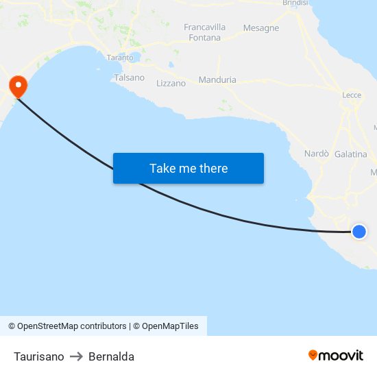 Taurisano to Bernalda map