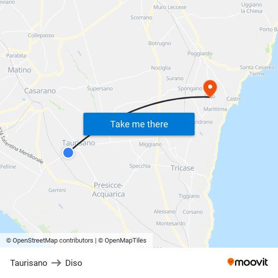 Taurisano to Diso map