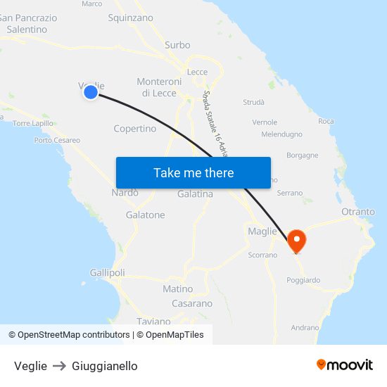 Veglie to Giuggianello map