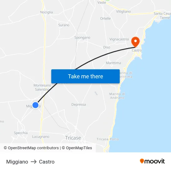 Miggiano to Castro map