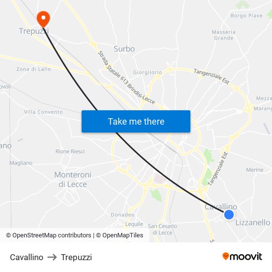 Cavallino to Trepuzzi map