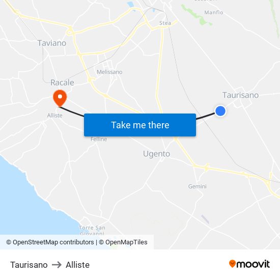 Taurisano to Alliste map