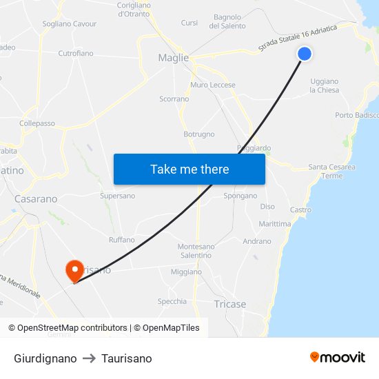 Giurdignano to Taurisano map