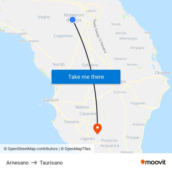 Arnesano to Taurisano map