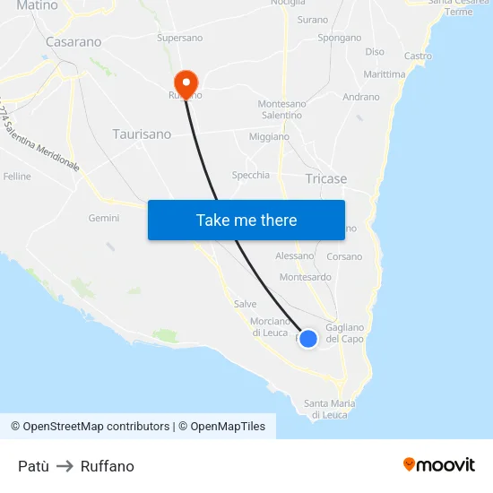 Patù to Ruffano map