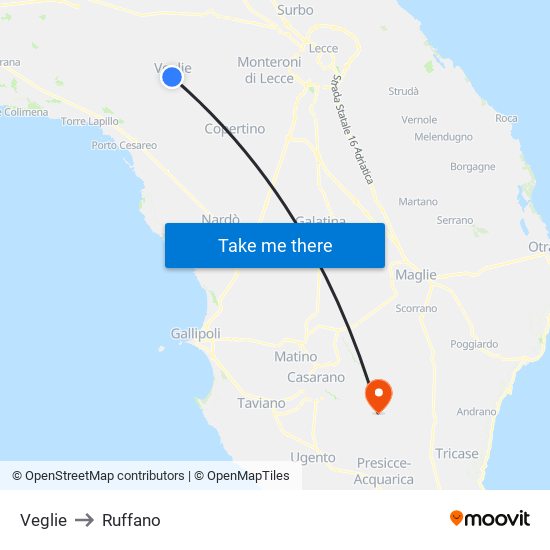 Veglie to Ruffano map