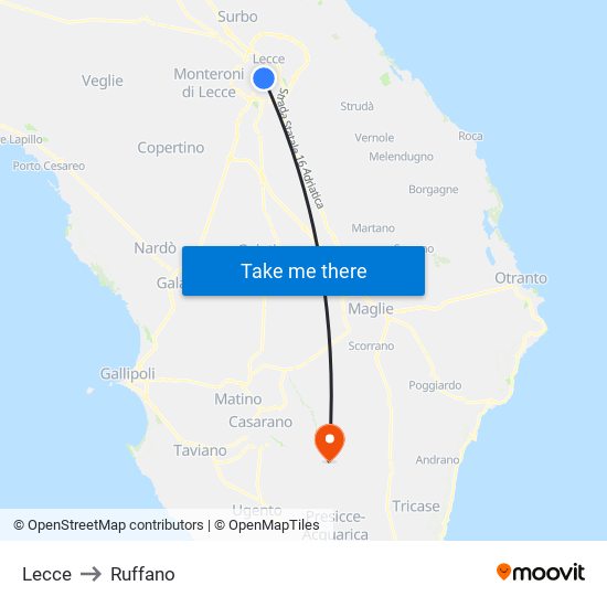 Lecce to Ruffano map