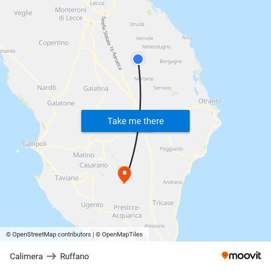 Calimera to Ruffano map