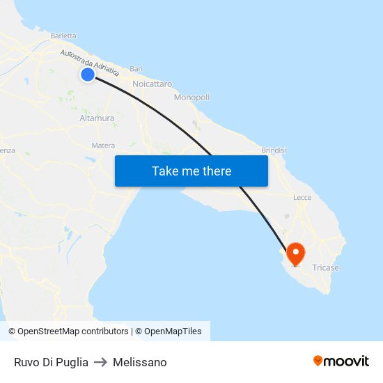 Ruvo Di Puglia to Melissano map