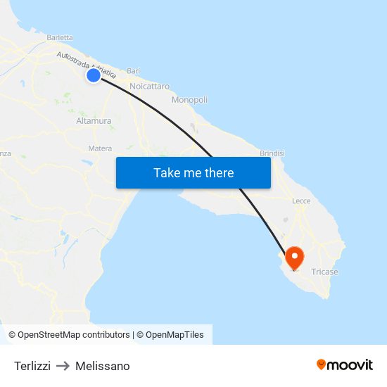 Terlizzi to Melissano map