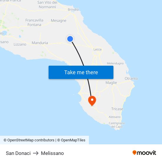 San Donaci to Melissano map