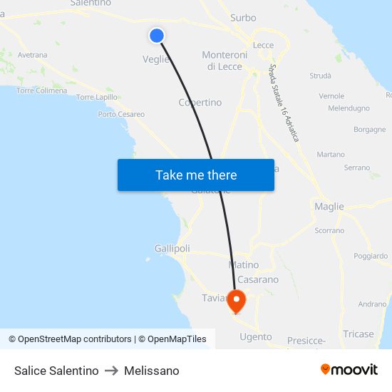 Salice Salentino to Melissano map