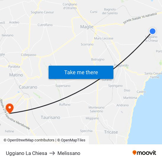 Uggiano La Chiesa to Melissano map