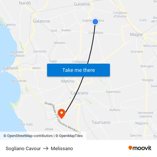 Sogliano Cavour to Melissano map