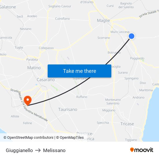 Giuggianello to Melissano map