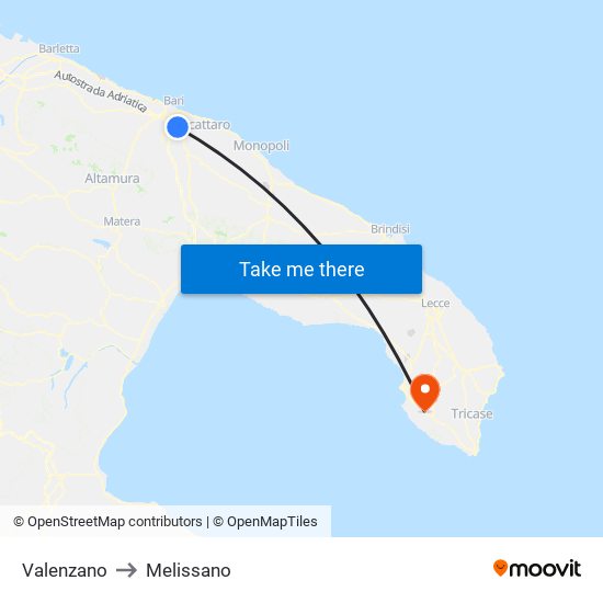 Valenzano to Melissano map