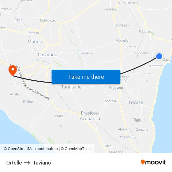 Ortelle to Taviano map