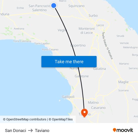 San Donaci to Taviano map