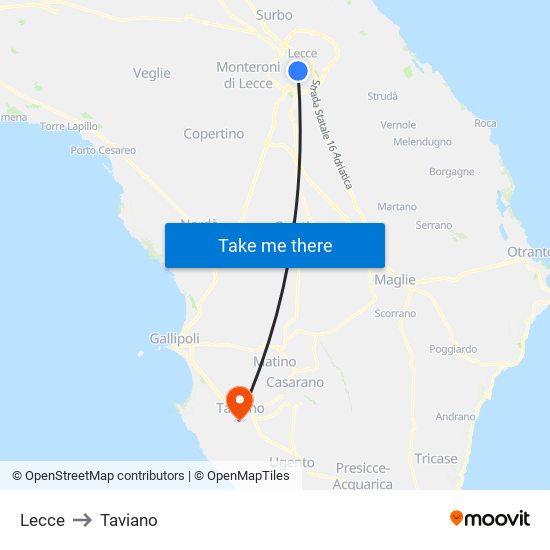 Lecce to Taviano map