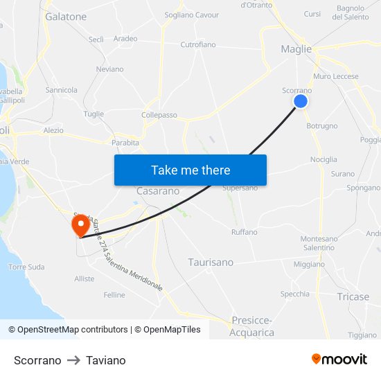 Scorrano to Taviano map