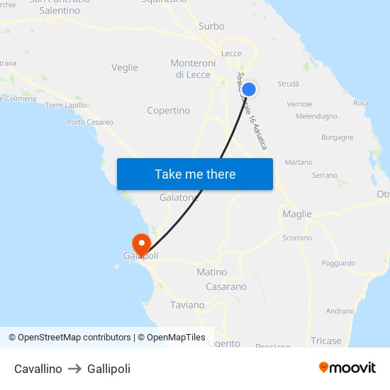 Cavallino to Gallipoli map
