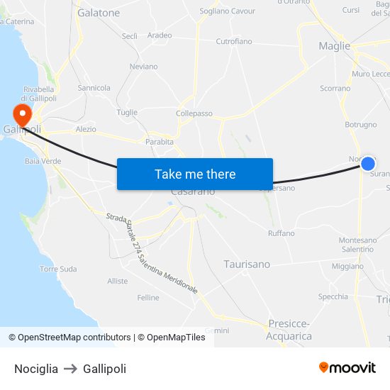 Nociglia to Gallipoli map