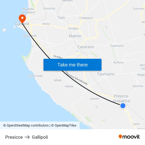 Presicce to Gallipoli map
